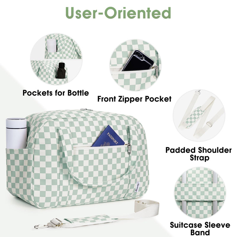 Narwey 18" Carry on Bag Underseat for Airplane with Wet Pocket Frontier Airlines Personal Item Bag Travel Duffel Bag Small Gym Bag Weekender Overnight for Women and Men (Mint Green Checkerboard) Z-Mint Green Checkerboard Small without laptop compartment