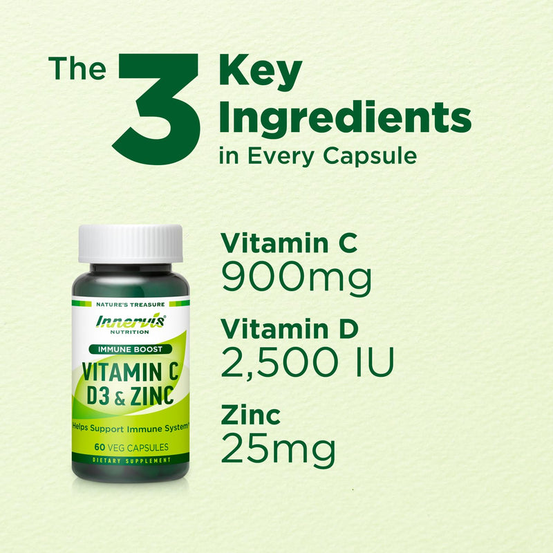Immune Boost Complex – Vitamin C 900mg, D3 2,500 IU & Zinc 25mg for Immune System Support, 60 Veggie Caps | Innervis Nutrition