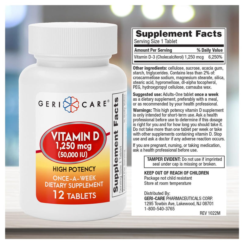 GeriCare Vitamin D 1,250mcg (50,000 IU) High Potency, Supports Bone Density, Muscle Health, Immune Function, and Calcium Absorption, Once-A-Week Dietary Supplement, 12 Count (Pack of 2) 12 Count (Pack of 2)
