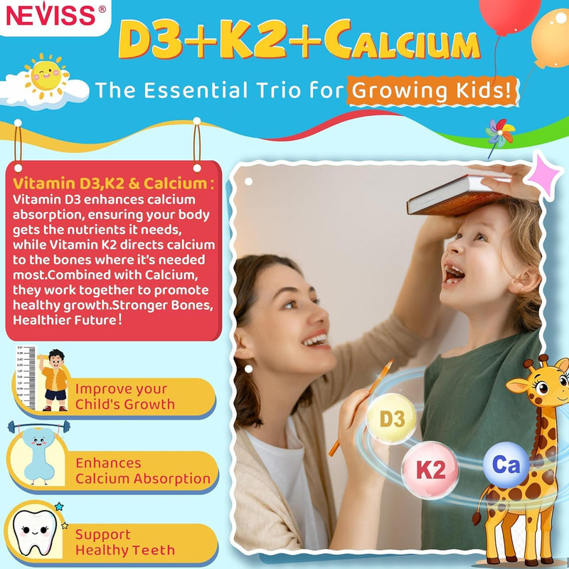 Kids & Teens Vitamin D3 K2 Gummies + Calcium, Magnesium, Zinc, Phosphorus C | Kids D3 & K2 Supplement + Multivitamin for Bone Health, Calcium Absorption, Focus & Immunity, Non GMO, Sugar Free, 60 Cts 60 Count (Pack of 1)