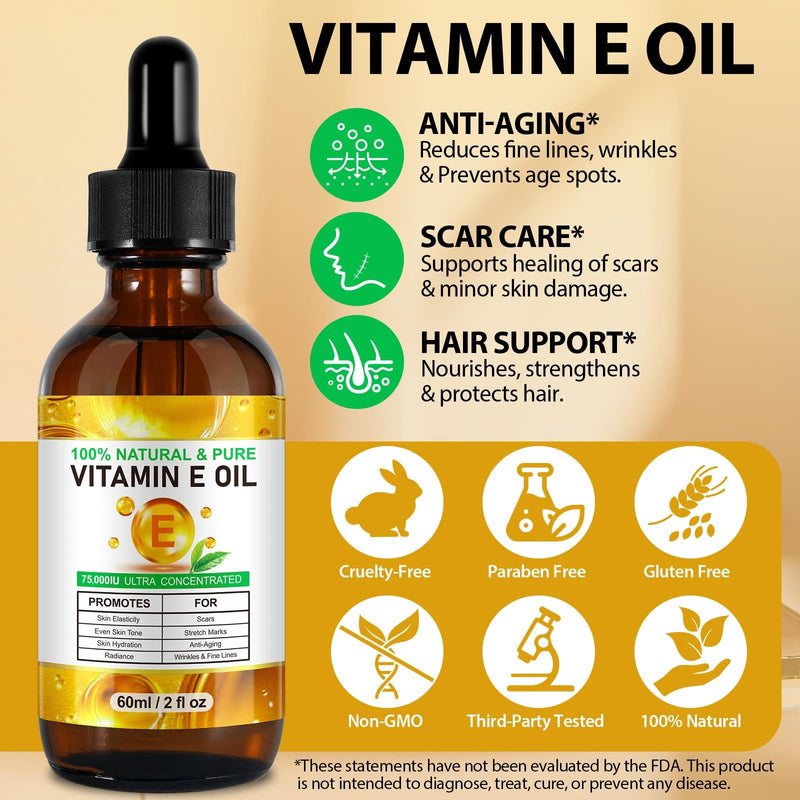 Meifenla Vitamin E Oil for Skin,75,000 IU Pure Vitamin E Oil for Face, Hair,Nail & Body Tightening Plump Skin,Reduce Fine Lines & Scars,Non-GMO 2 Fl Oz (Pack of 1) Golden