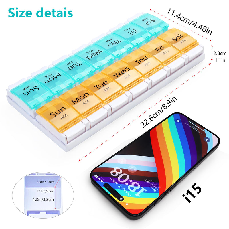 MOLN HYMY Weekly Pill Organizer, AM PM 2 Times a Day, 14 Compartments, Push Button Design, for Medication, Vitamins, Supplements Cyan and Orange