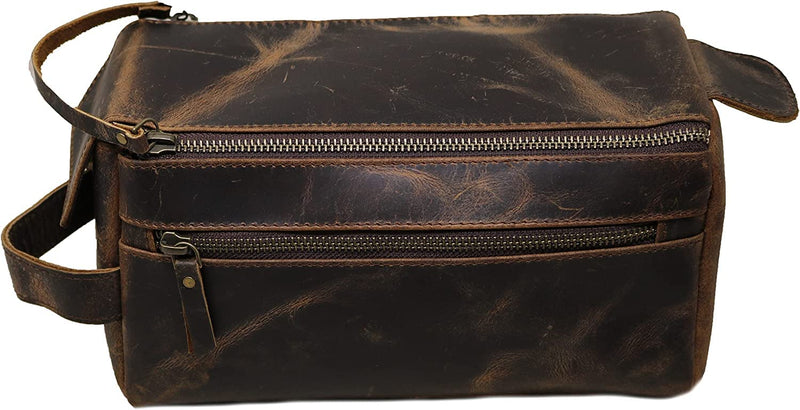 Men's Genuine Leather Toiletry Bag Waterproof Dopp Kit Shaving Bags And Grooming For Travel Groomsmen Gift Men Women Hanging Zippered Makeup Bathroom Cosmetic Pouch Case Make Up kit