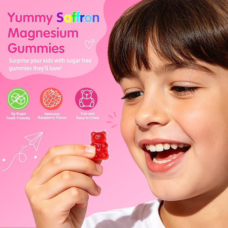 Saffron + Magnesium Glycinate -Calm Mood Focus Gummies for Kids 4+ & Adults | Saffron Extract with Omega-3, L-Theanine, B6, B12, D3 – Happy Mood – Sugar Free, Vegan – 90 Gummies, Raspberry Flavor 90 Count (Pack of 1)