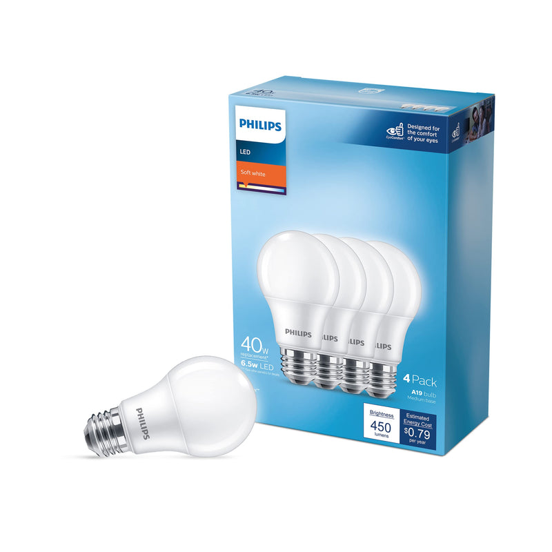 Philips A19 E26 (Medium) LED Bulb Daylight 40 Watt Equivalence, Soft White (2700k), 4 Count (Pack of 1)