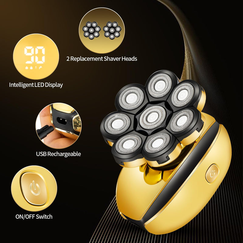 [Australia] - ROZIAPRO Head Shavers for Bald Men Rechargeable Electric Shavers for Men Cordless Electric Razor Waterproof 8D Head Hair Shaver Multifunctional Rotary Shaver Grooming Kit Gold-03 