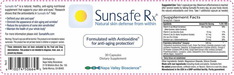 Sunsafe Rx Anti Aging Supplement: Natural Skin Protection Pills 30 Capsules | Antioxidants, Skincare, Radiant Skin, Youthful Appearance, Eye Health, Vitamins, Minerals, 250mg Polypodium Leucotomos 30 Count (Pack of 1)