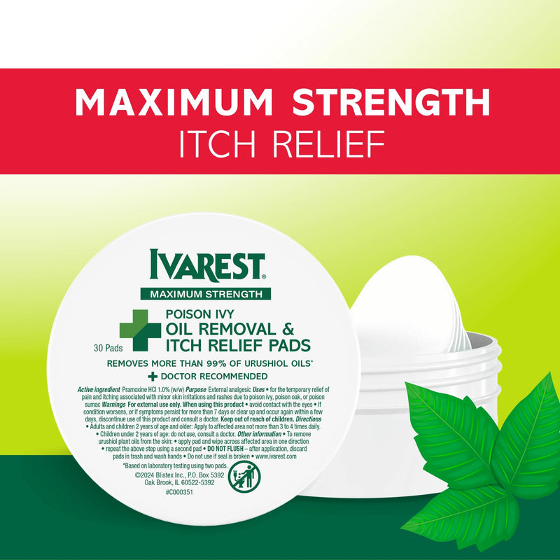[Australia] - Ivarest Poison Ivy Oil Removal and Itch Relief Pads, 30 Count, Poison Ivy Wipes, Max Strength, Poison Plant and Insect Bite Relief, Poison Ivy, Oak, Sumac Treatment, Anti-Itch, Medicated, 30 ct. 