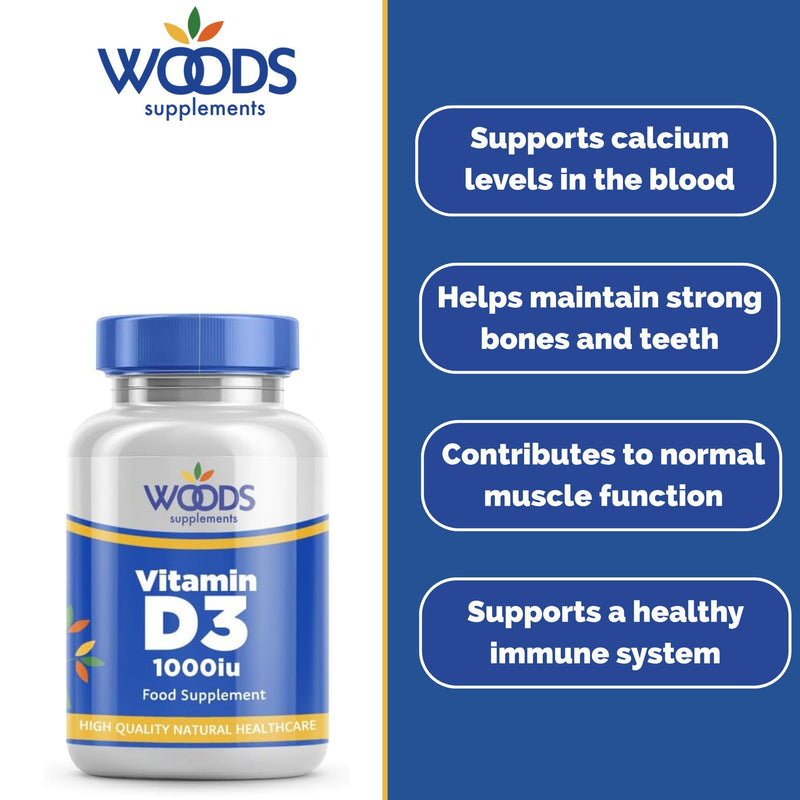 Woods Supplements - Vitamin D3 1000iu 180x Tablets of High Strength Vitamin D Supplement for Healthy Bones & Teeth. Contributes to Immune Support and Normal Muscle Function 180