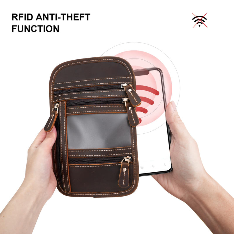 Full Grain Leather Neck Wallet, RFID Blocking Passport Travel Pouch, Coffee | Crazy Horse Cowhide, YKK Zipper & Brass Hardware, 3-Way Strap, Multi-Pocket Organizer, Detachable & Adjustable Shoulder Strap Dark Brown