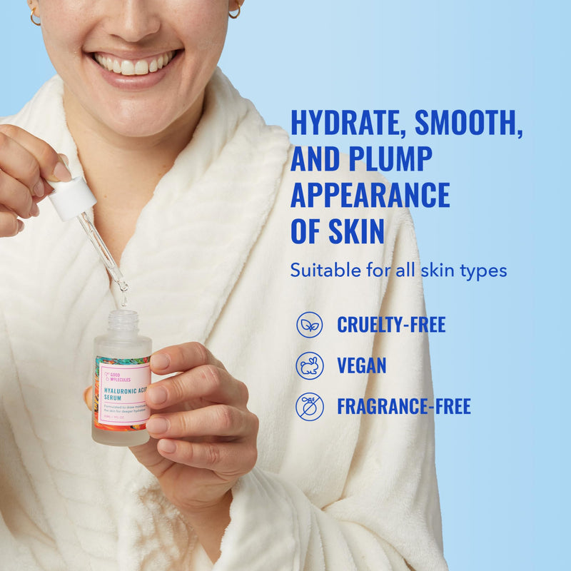 [Australia] - Good Molecules Hyaluronic Acid Serum - Hydrating, Non-greasy formula to Moisturize, Plump - 1% HA, Anti-aging, Water-Based Skincare for Face 1 Fl Oz (Pack of 1) 