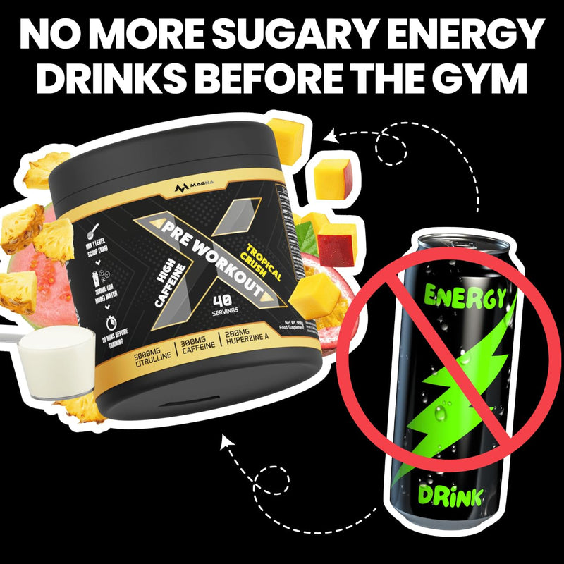 Premium, Complete High Caffeine Pre Workout Powder Drink with L-Citrulline & S7® | Tropical Crush Flavour | Makes 40 Drinks (400g) | Magna X 40 Servings (Pack of 1)