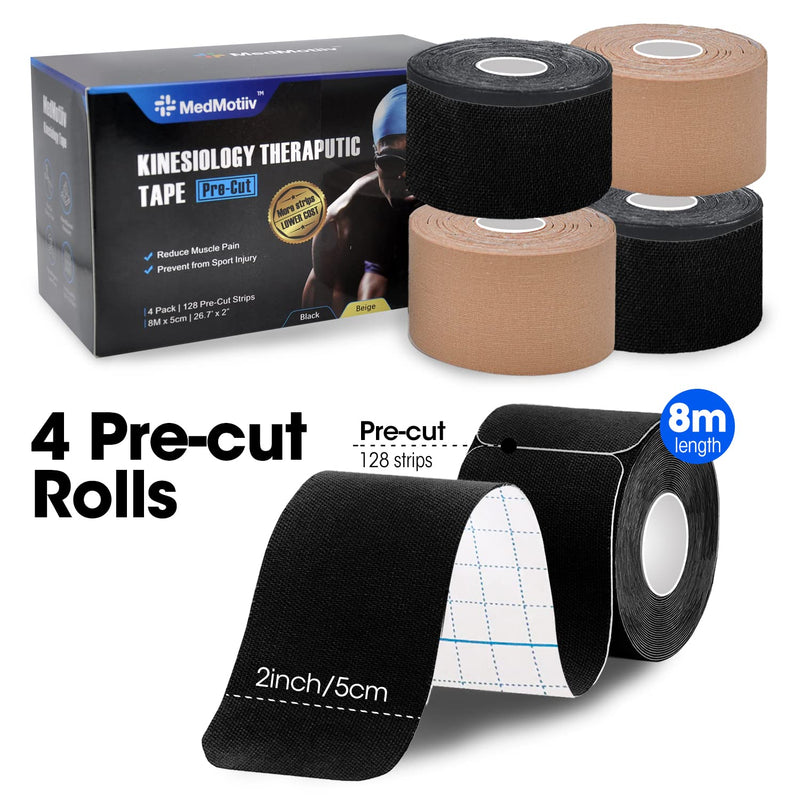 [Australia] - Elastic Kinesiology Therapeutic Athletic Tape, Up to 128 Pre-Cut Strips, 2*Black Plus 2*Beige Pack, Long Lasting, Water and Sweat Proof, Latex Free, Muscle Pain Relieve and Joint Support 