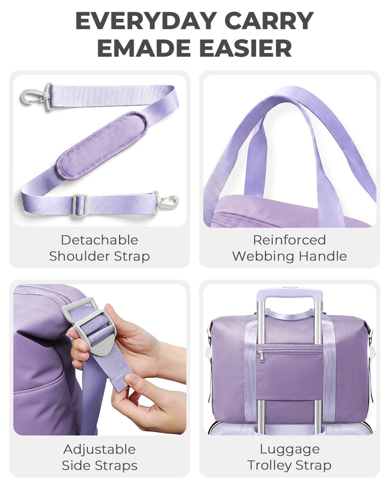 Percover Weekender Travel Duffel Bag for Women, Lightweight Soft-Structure 33L Carry-On, Water-Resistant Nylon with Shoulder Strap & Trolley Sleeve, Personal Item Friendly, Lavender Purple
