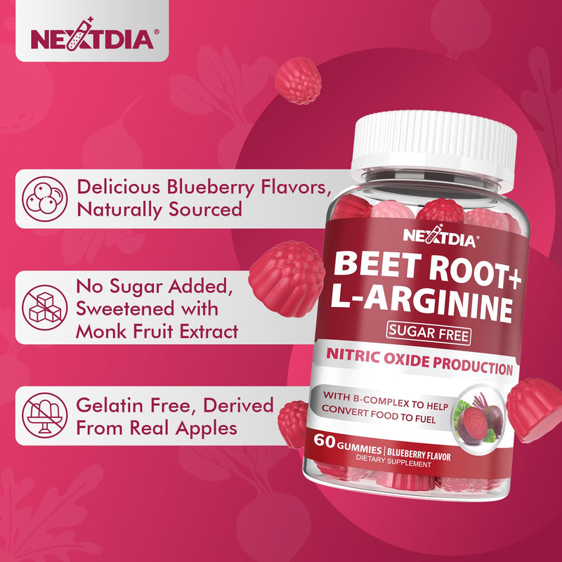 [Australia] - Beet Root Gummies & L-Arginine, Nitric Oxide Supplements for Men & Women w/Organic Beets, B1, B2, B3, B5, B6, Folate, B12 for Energy Boost & Circulation Support, Sugar Free, 120 Cts 60 Count (Pack of 2) 