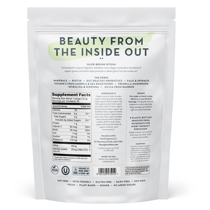 Organic Greens Powder Drink Mix | Skin & Gut Health USDA Organic Superfood Blend Probiotics Digestive Enzymes Tremella Mushroom Biotin Vitamin C & Bamboo Silica Vegan Glow Greens Unflavored 25 Serving