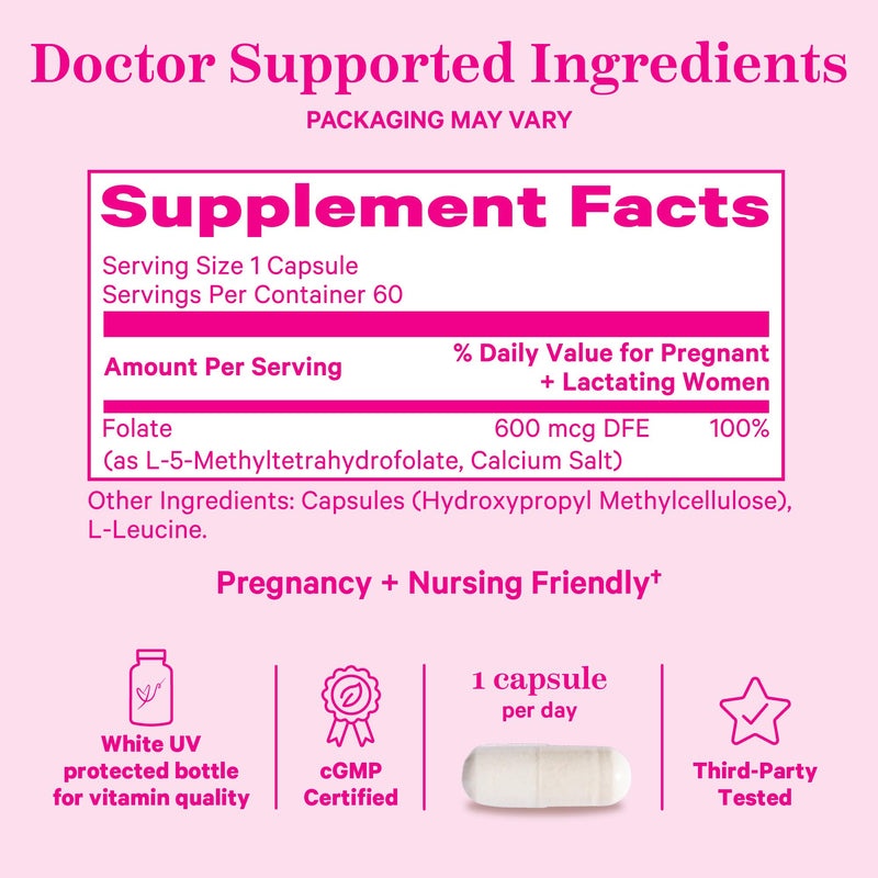 [Australia] - Pink Stork Folate: Methyl Folate - MTHFR Acid, Natural Form of Folic Acid for Pregnancy, Formulated for Mom + Baby, Women-Owned, 60 Capsules 