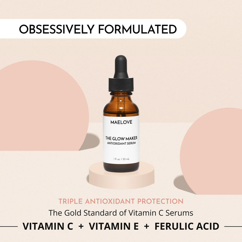 MAELOVE Glow Maker Vitamin C Serum with Vitamin E & Ferulic Acid, 1 fl oz | Gold standard formula of Vitamin C E, Ferulic Acid & Hyaluronic Acid, Award-Winning Brightening and Hydrating Facial Serum 1 Fl Oz (Pack of 1)