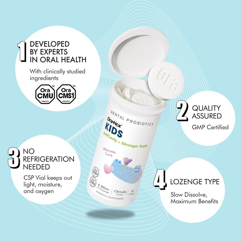 [Australia] - OraTicx Kids Dental Probiotics for Anti-Cavity + Healthy Teeth and Gums, 8 Billion CFU Probiotics for Oral Health, Yogurt Flavor 1-PK 