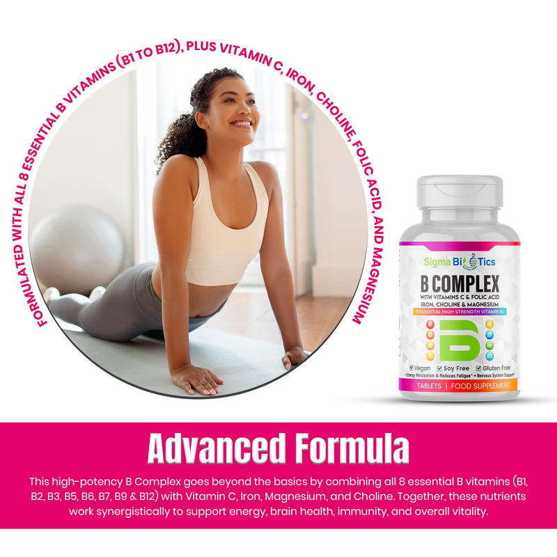 8 B Complex Vitamins, B12, Vitamin C - Folic Acid, Biotin, Choline, Magnesium, B1, B2, B3, B5, B6 Vitamins - Vegan & Gluten Free - 90 Tablets - One Per Day - 3 Months Supply