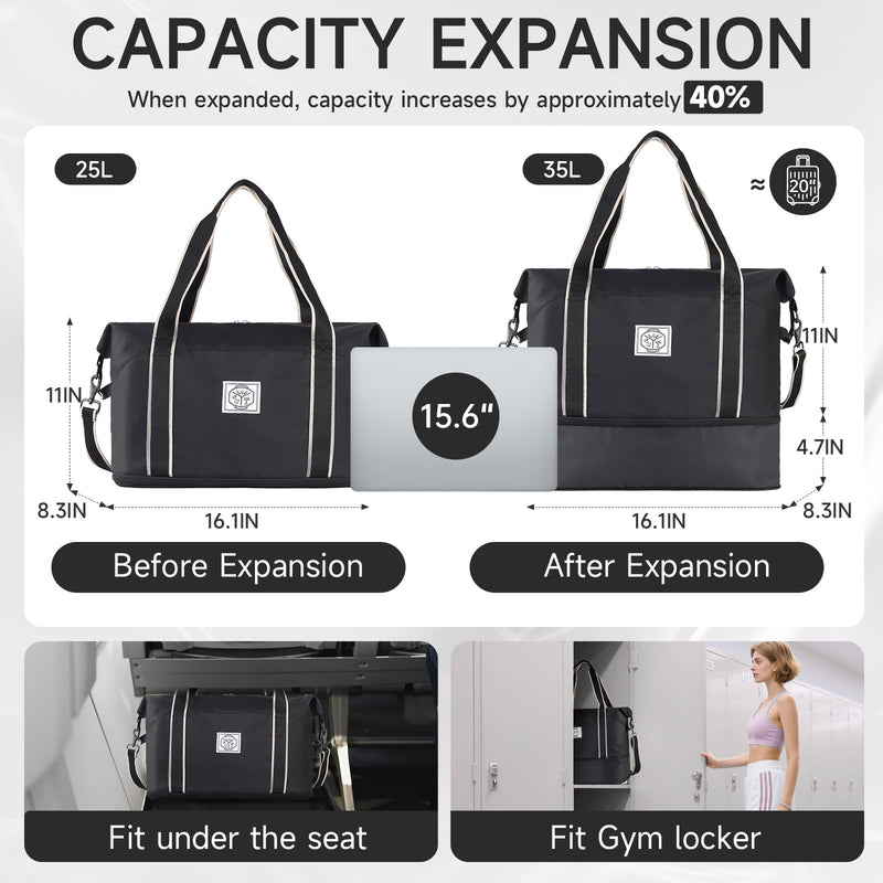 WALNEW Travel Duffel Bag, Weekender Overnight Carry On Bag for Women Men, Foldable Waterproof Gym Luggage with Metal Buckle Detachable Shoulder Strap and Wet Compartment (Black) | Overnight Carry On Bag, Foldable Waterproof Gym Luggage with Metal Buckl...
