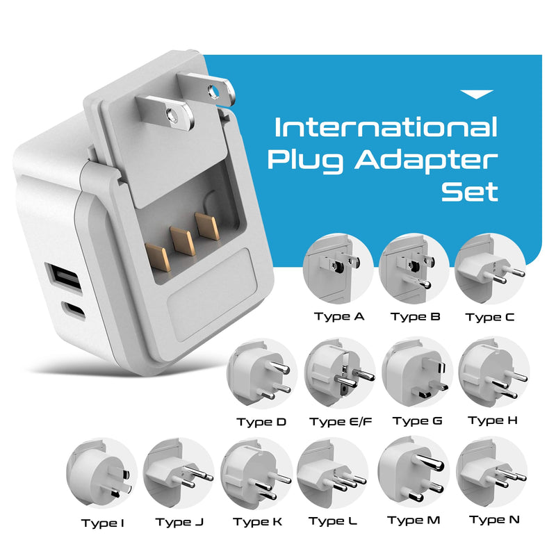 Ceptics International Power Plug Adapter Travel Set, 20W PD & QC, Safe Dual USB & USB-C 3.1A - 2 USA Outlet - Compact - Use Europe, Asia, Africa In Worldwide - Includes 13 Type SWadAPt Attachments Cherry White