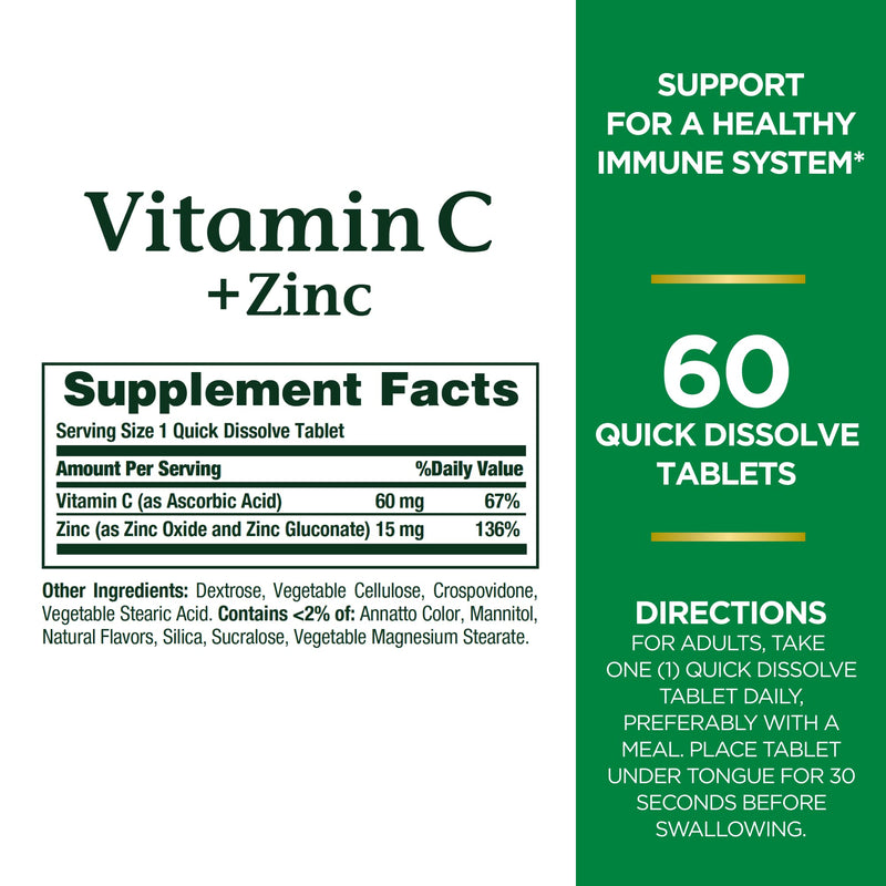 [Australia] - Nature's Bounty Vitamin C + Zinc, Vitamin Supplement, Supports Immune Health, 60 mg, 60 Tablets 60 Count (Pack of 1) 
