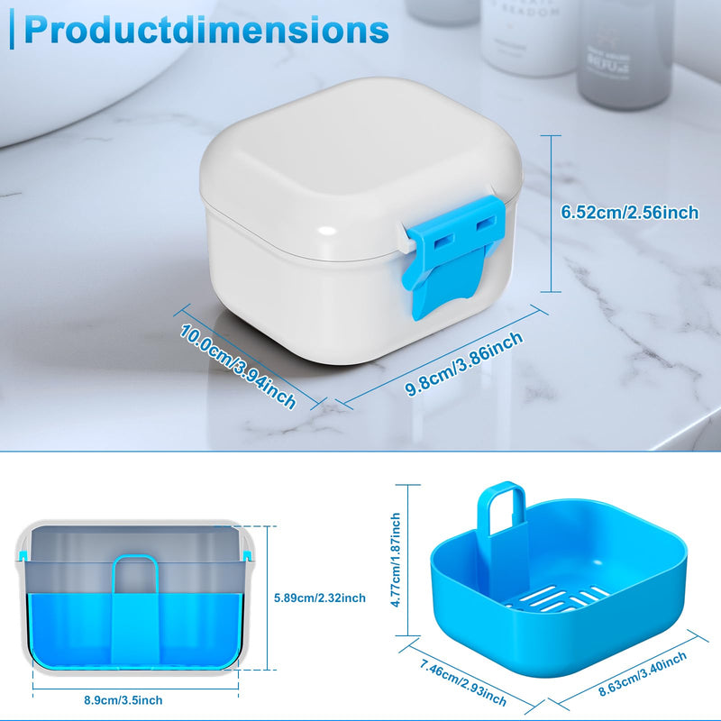 [Australia] - Leak Proof Denture Cup, Travel Denture Holder Case for Soaking Dentures, Portable False Teeth Container with Strainer, Retainer Cleaner Case, White + Blue. 