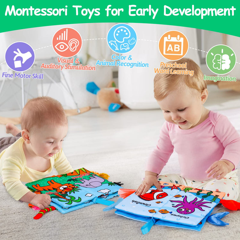 2 PCS Soft Cloth Baby Books 0-6 Months High Contrast Sensory Baby Toys 6 to 12 Months Crinkle Touch Feel Teething Carseat 9 18 Month Travel Essentials Tummy Time Infant 0-3 Months Newborn Shower Gift Marine & Jungly Animals