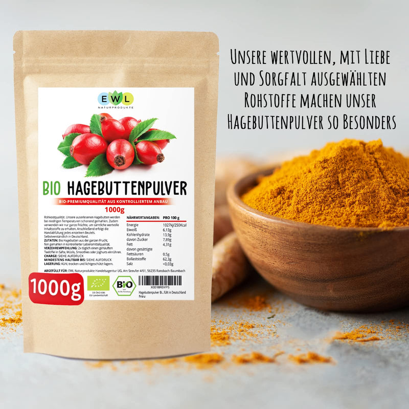 [Australia] - 1kg organic rosehip powder | Whole ground rose hip | Rosehip powder from controlled cultivation | Raw food quality | Controlled and bottled in Germany 