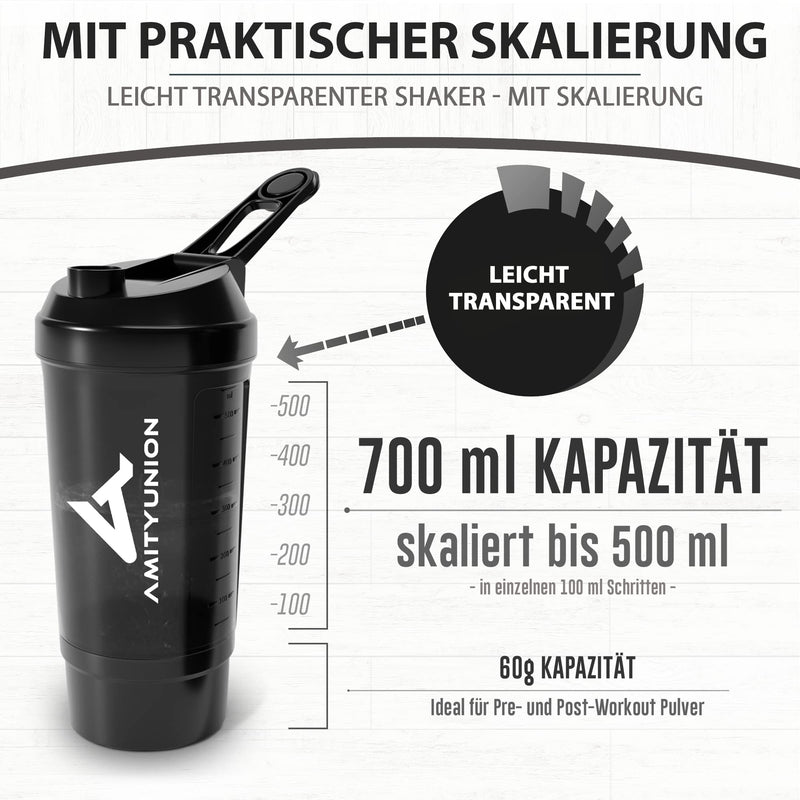 [Australia] - AMITYUNION protein shaker FYRA 700 ml with container - powder compartment - protein shaker, BPA free with sieve and scale for whey and BCCA shakes, gym fitness cup isolate diet sport midnight black 