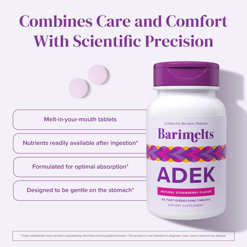 Barimelts ADEK - 60 Fast-Dissolving Tablets (2-Month Supply) - Sugar-Free Bariatric Vitamins for Women Including Vitamin A, Vitamin D, Vitamin E & Vitamin K, Natural Strawberry Flavor 60 Count (Pack of 1)