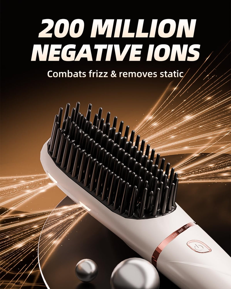Hair Straightener Brush, Portable Ionic Hair Straighteners for Women 20s Fast Heated Negative, Dense Teeth Straightening Comb with 3 Temp Modes & 30 min Auto-Off, Dual Voltage