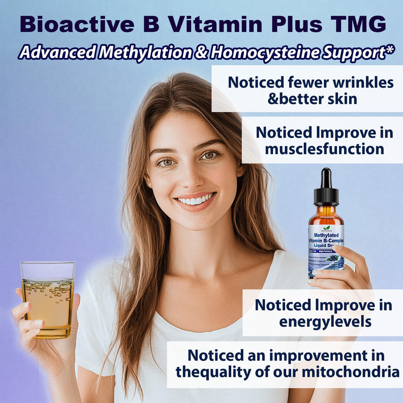 Methylated B Complex Liquid Drop Complete 9-in-1 Methyl B Vitamins w. B12 Methylfolate Inositol Choline TMG Vitamin C E, Super B-Complex Methylated for MTHFR Support, Energy Mood Nerve & Brain Health