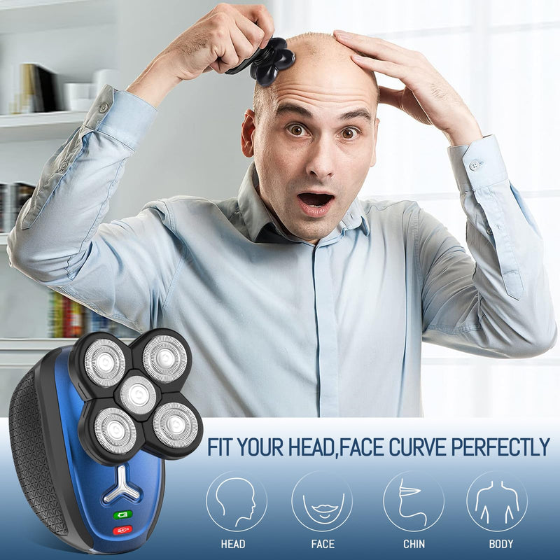 [Australia] - Head Shavers for Bald Men: 5-in-1 Electric Razor -Cordless Rechargeable Wet/Dry Body Hair Shaver IPX6 Waterproof Shaving Grooming Kit for Balder (Blue) (Blue) 