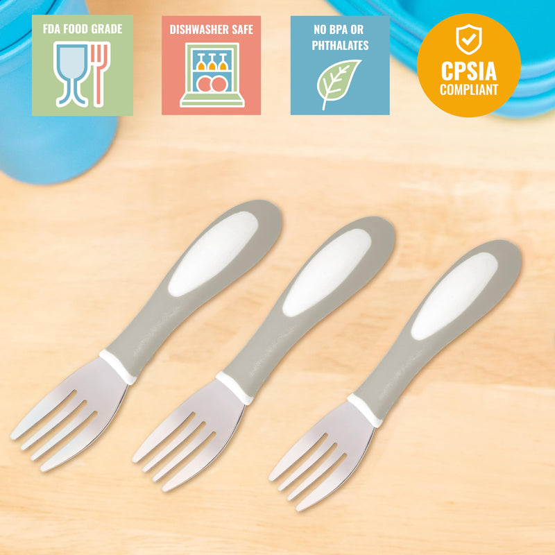 [Australia] - ECR4Kids My First Meal Pal Stainless Steel Forks, Toddler Silverware, White, Light Grey, 3-Pack Fork 