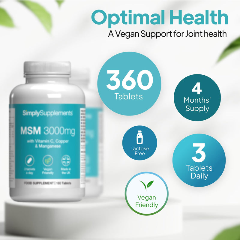 MSM 3,000mg | with Added Vitamin C | Supports Healthy Joints, Skin, and Immune Function | Vegan & Vegetarian Friendly | Made in The UK Unflavoured 2 count (Pack of 180)