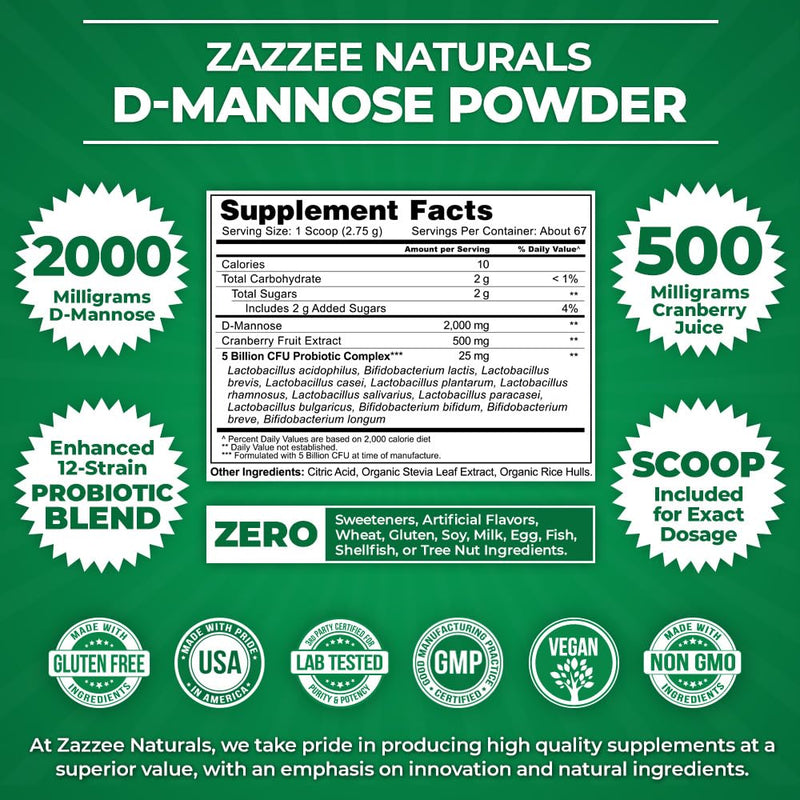 [Australia] - Zazzee D-Mannose Powder Plus, 2000 mg, 67 Servings, Potent & Fast-Acting, Plus 5 Billion CFU Probiotics and Pure Cranberry Juice Extract, Free Scoop, 6.5 Oz, Vegan, Gluten-Free, Non-GMO, All-Natural 