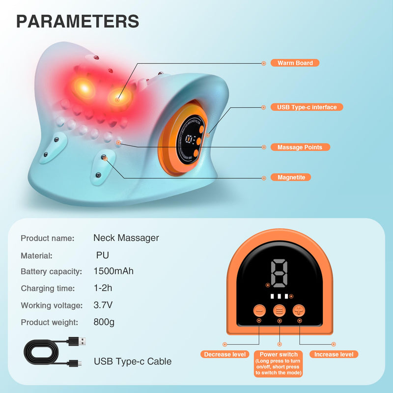 [Australia] - Neck Massager 2025, Neck and Shoulder Relaxer with Heat, 3 Modes, Portable Pillows for Pain Relief and Muscle Relax, 26¬∞ Angle Cervical Traction Device for Back, Shoulder Light Blue 