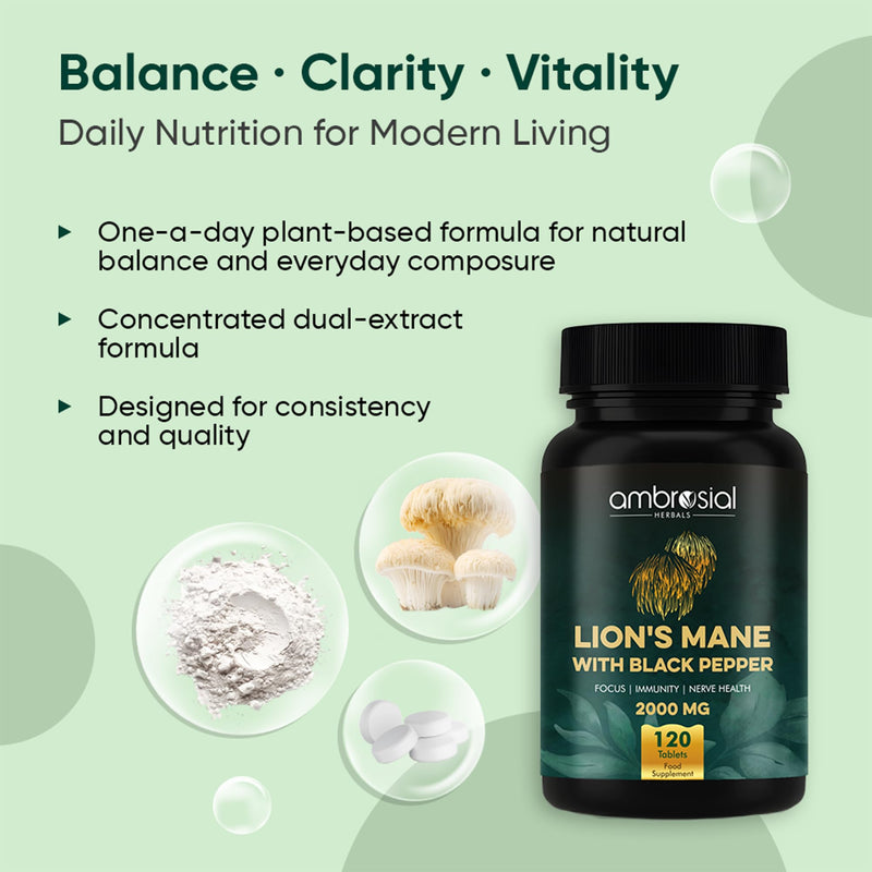 Ambrosial Lion’s Mane Mushroom Supplement with Black Pepper – 2000 mg High Strength Extract per Serving – Plant-Based Brain & Body Balance Formula – 120 Vegan Tablets – Non-GMO, Gluten-Free