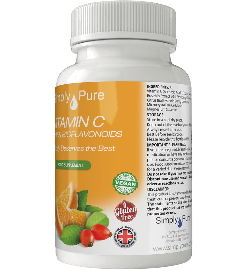 100% Natural Vitamin C from Rosehips & Citrus Bioflavonoids for Immunity and Collagen Boost | 1400mg Tablets x 90 | High Strength | Gluten Free | GM Free | Vegan