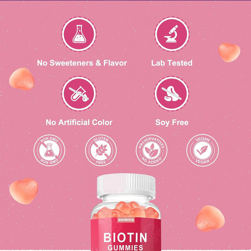 Biotin 10000mcg Keratin Collagen Gummies Hair Nail Vegan Raspberry 60 Count | For Women, Vegan, Vitamin C, Hair Nail Growth & Strengthener, Daily Supplements 60 Count (Pack of 1)