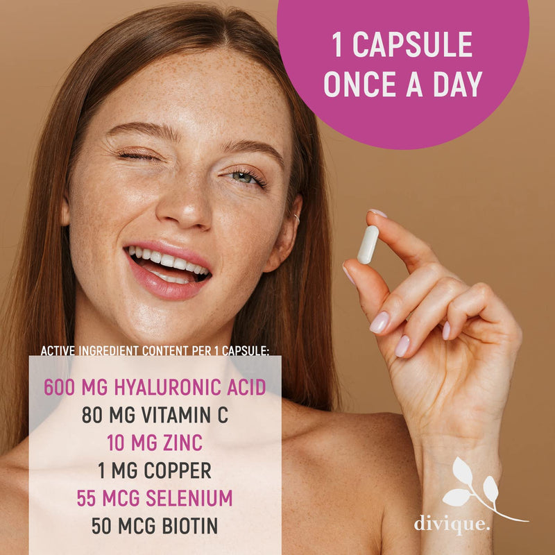 Hyaluronic Acid Supplement 600mg per Capsule (500-700 KDA) - 3 Months Supply - Double Potency 90 Hyaluronic Acid Capsules - Vegan, Fermented - Formula with Vitamin C, Zinc, Copper, Selenium, D-Biotine