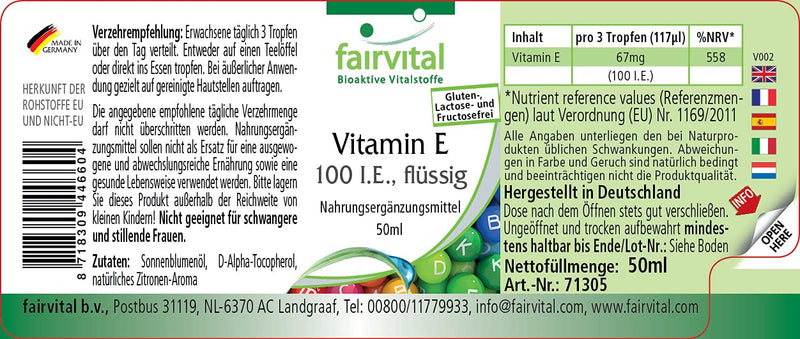 [Australia] - Fairvital | Vitamin E oil 100 IU drops - 50ml - with over 1200 drops - VEGAN 