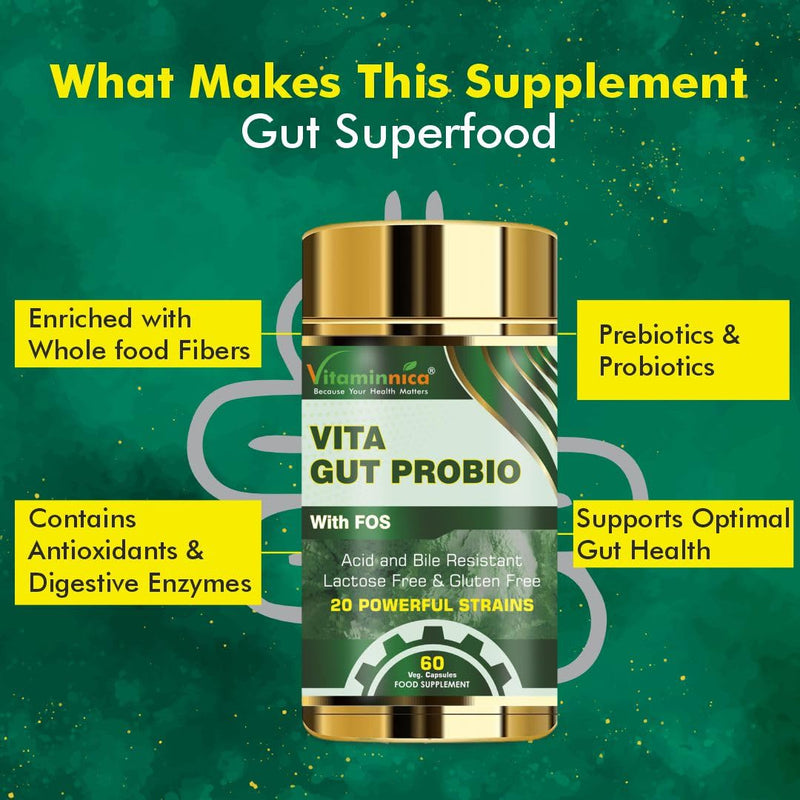 Vitaminnica Vita Gut Probio - Natural Gut Balance Supplement with Digestive Health and Immune Support | 20 Powerful Strains | 60 Capsules