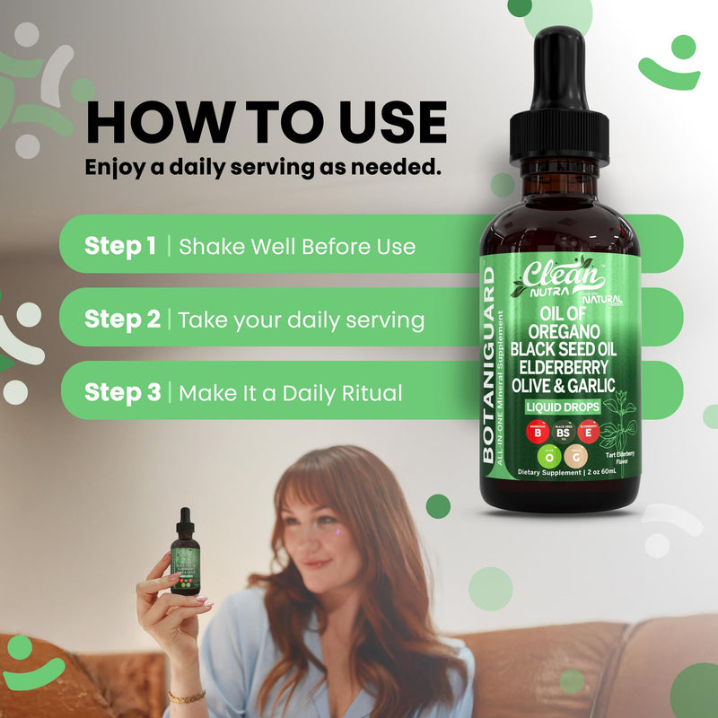 [Australia] - Clean Nutra Oil of Oregano Drops Black Seed Oil Elderberry Vitamin D D3 K2 Olive Garlic Immune Support Supplement Wellness Formula Zinc Supplements Liquid 2 Fl Oz BotaniGuard Vegan, Non-GMO 