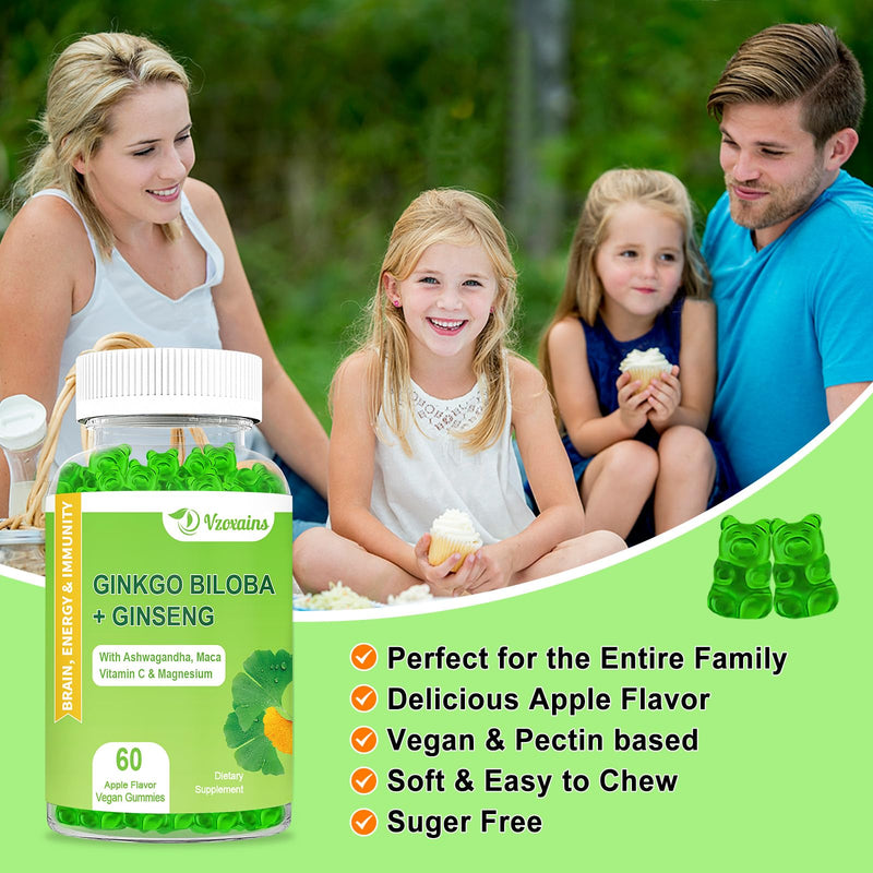 [Australia] - Ginkgo Biloba Gummies with Ginseng Maca Root & Magnesium Organic Ginko Biloba Supplements Gummies for Brain Focus Energy Mood Memory - Adults & Kids… 60 Count (Pack of 1) 