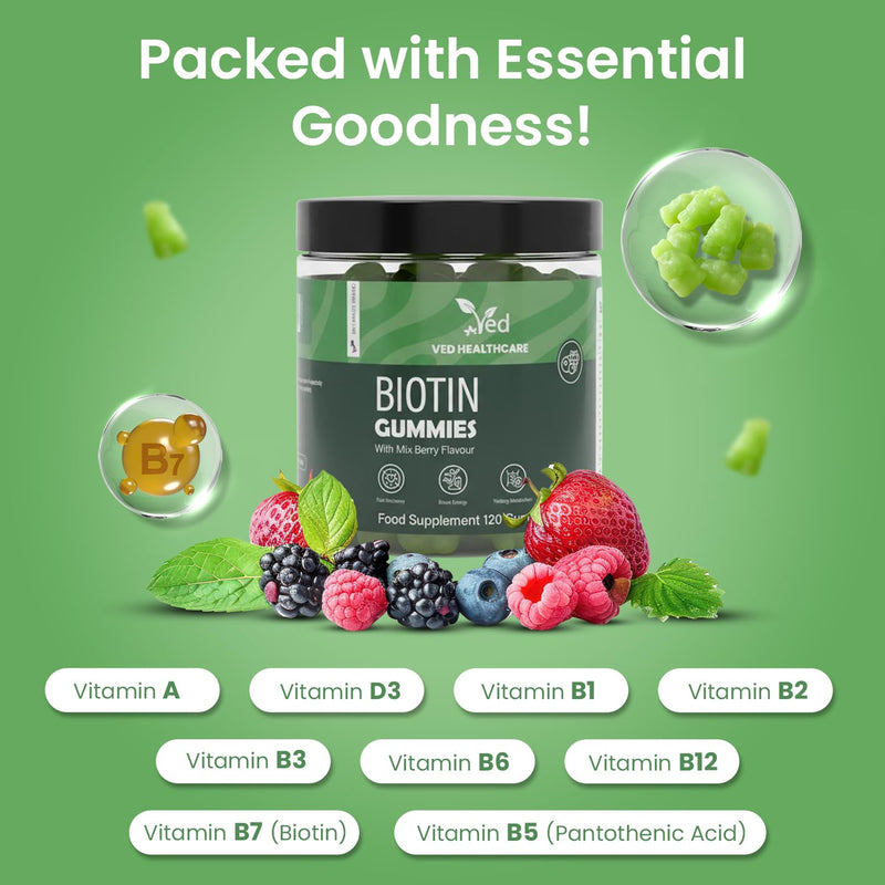 VED Biotin Gummies 5000mcg – 120 Vegan Gummies with 7 Essential Vitamins, Natural Mixed Berry Flavor – Hair, Skin & Nail Support – Non-GMO, Gluten-Free, Vegetarian, 2 Month Supply.