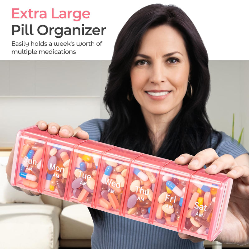 Daviky Extra Large Weekly Pill Organizer 2 Times a Day, XXL Pill Box 7 Day | BPA-Free Daily Medicine Case with AM PM Large Compartments, Jumbo Pill Holder for Fish Oils, Vitamins & Supplements Pink