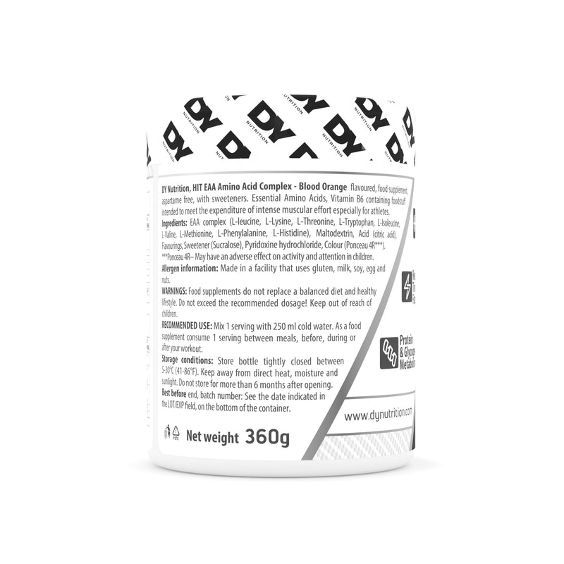 DY Nutrition HIT EAA Essential Amino Acids Complex with BCAAs, L-Lysine & Vitamin B6 | Muscle Repair & Recovery Supplement Intra Workout Powder, 27 Servings, 360g (Blood Orange) Blood Orange